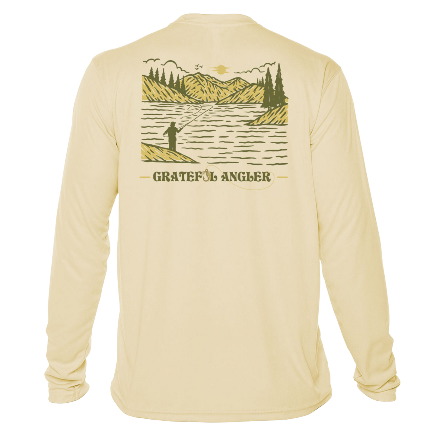 back of pale yellow Grateful Angler Mountain Fishing UV Shirt showing a person fishing along the banks of a mountain lake