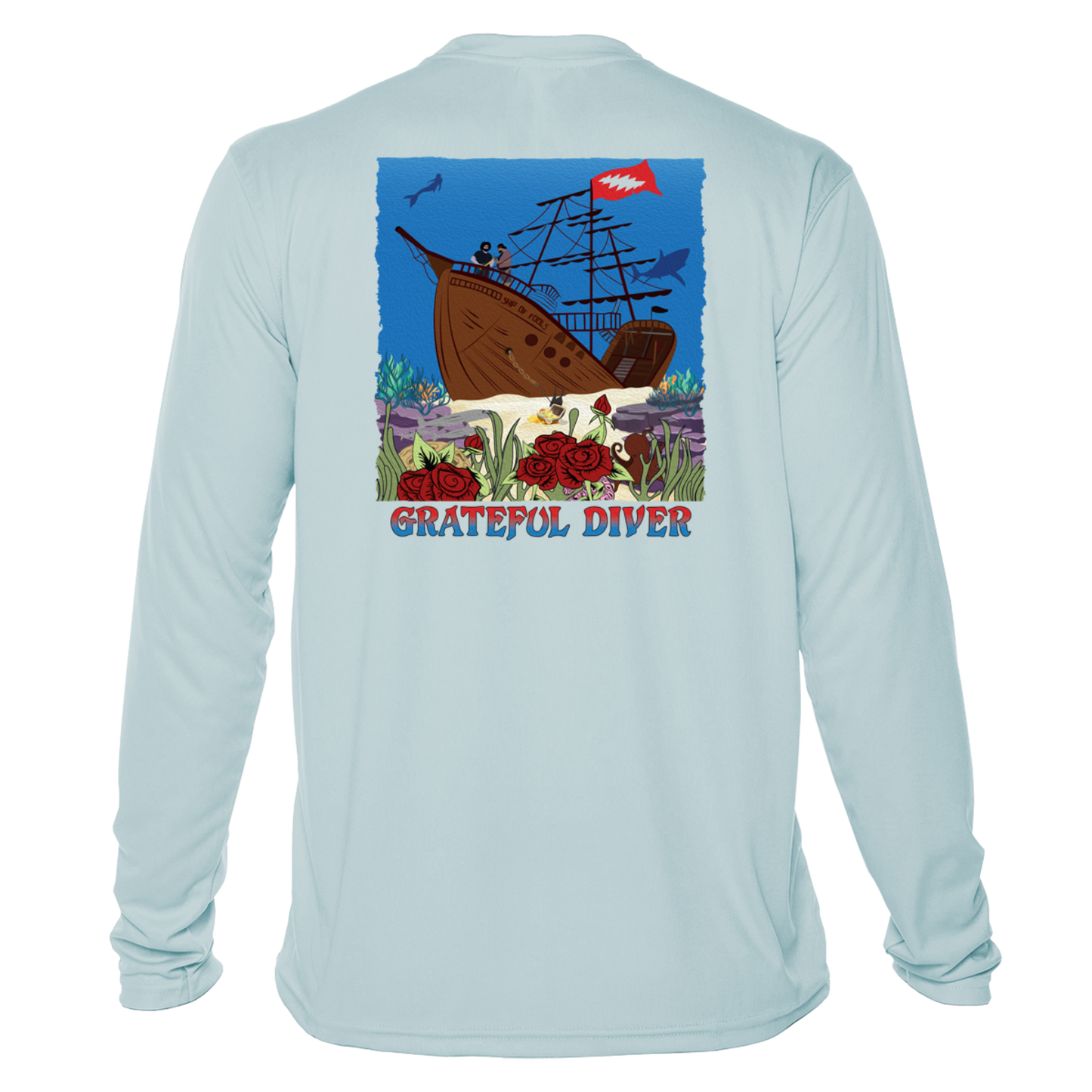 Grateful Diver Ship of Fools UV Shirt in arctic blue showing the back graphic