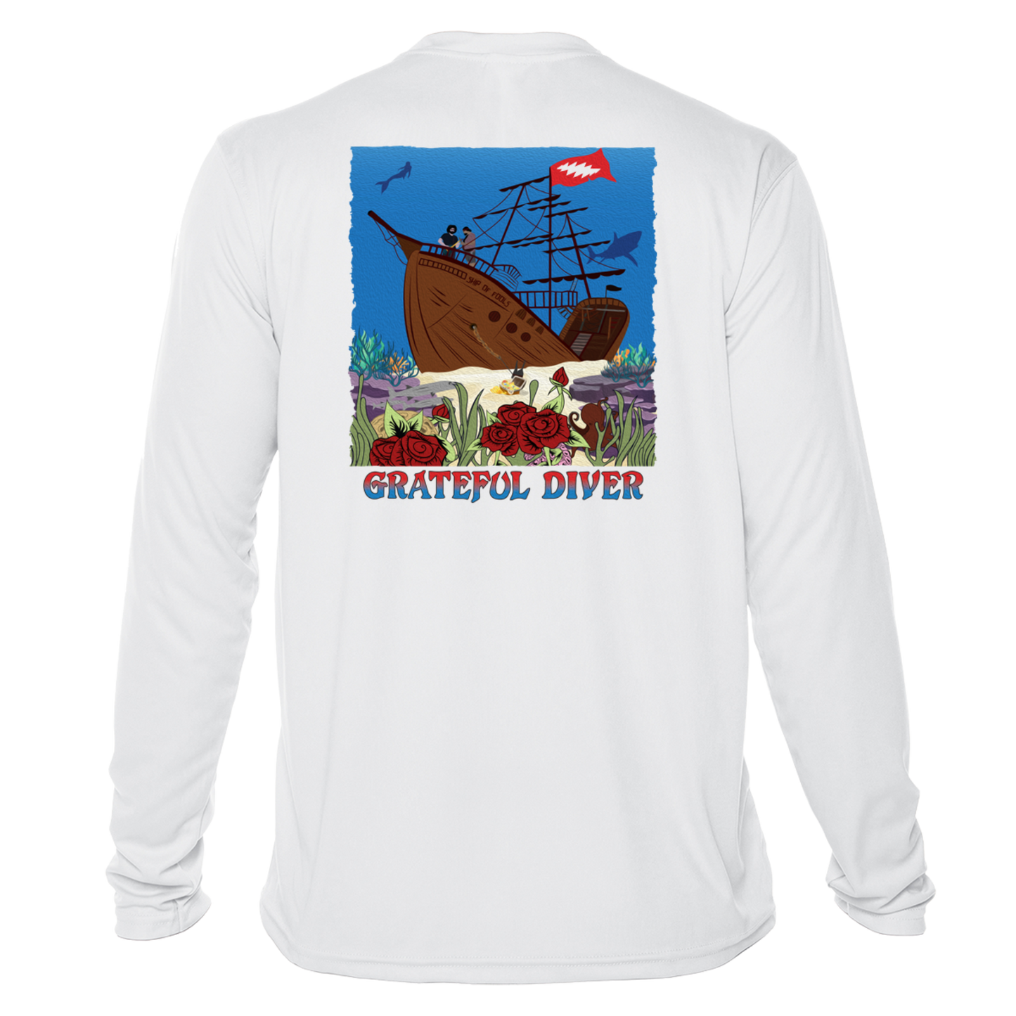 Grateful Diver Ship of Fools UV Shirt in white showing the back graphic