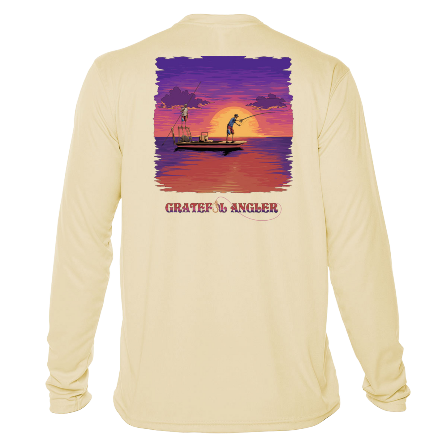 back of pale yellow Grateful Angler Skeleton Anglers UV Shirt showing two skeletons on a boat fishing in front of the sunset