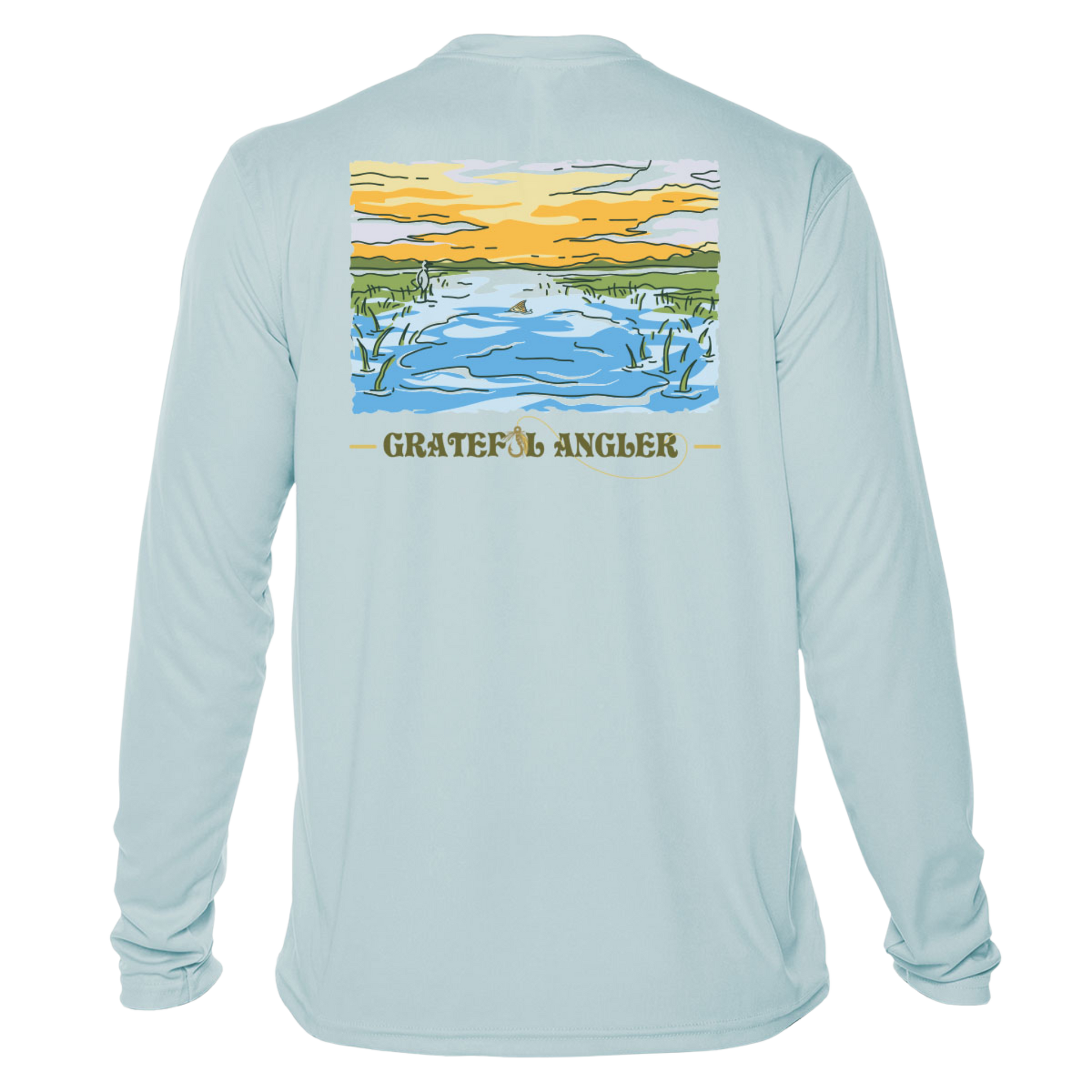 back of arctic blue Grateful Angler Tailing Redfish UV Shirt showing a redfish tail in a stream bed under sunny skies