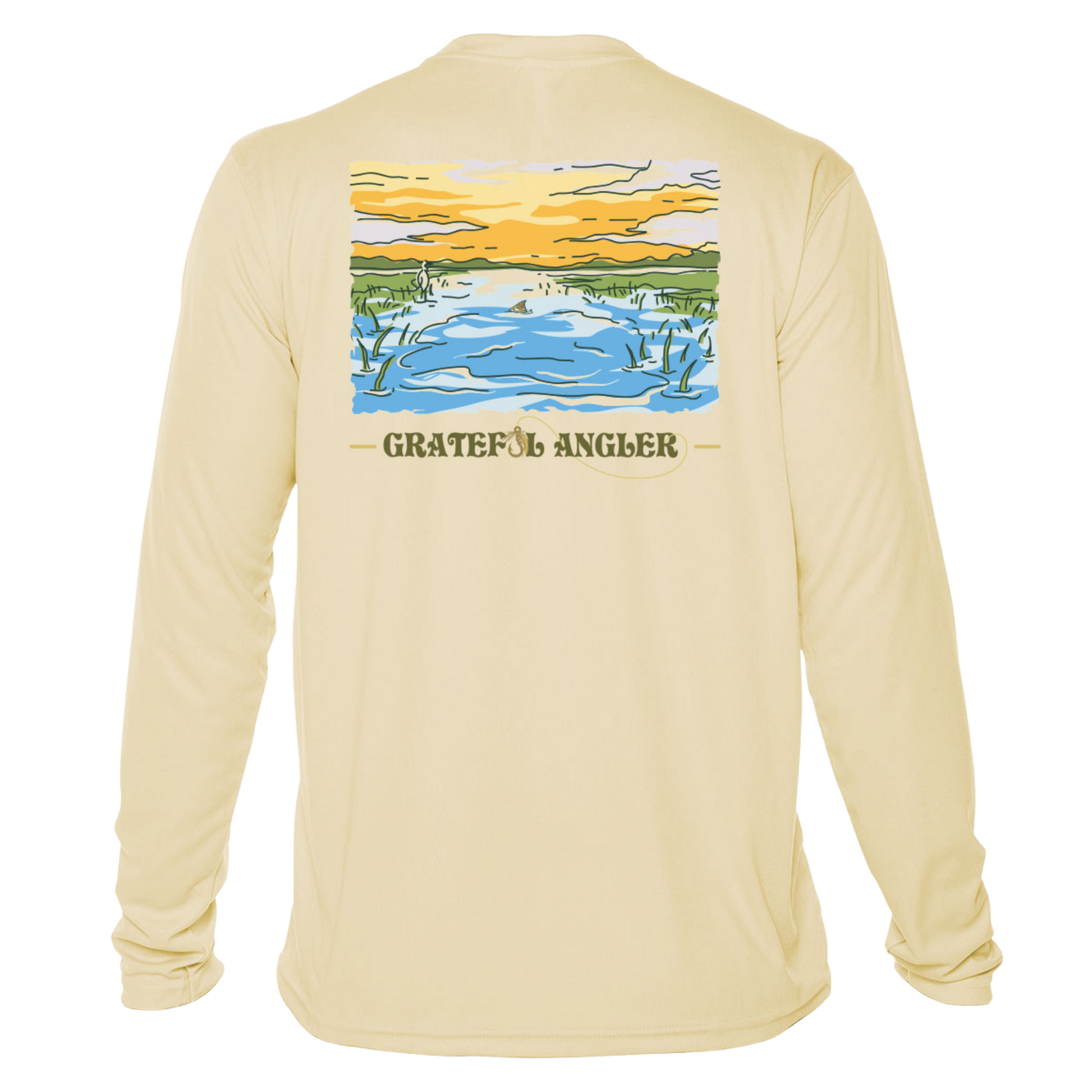 back of pale yellow Grateful Angler Tailing Redfish UV Shirt showing a redfish tail in a stream bed under sunny skies