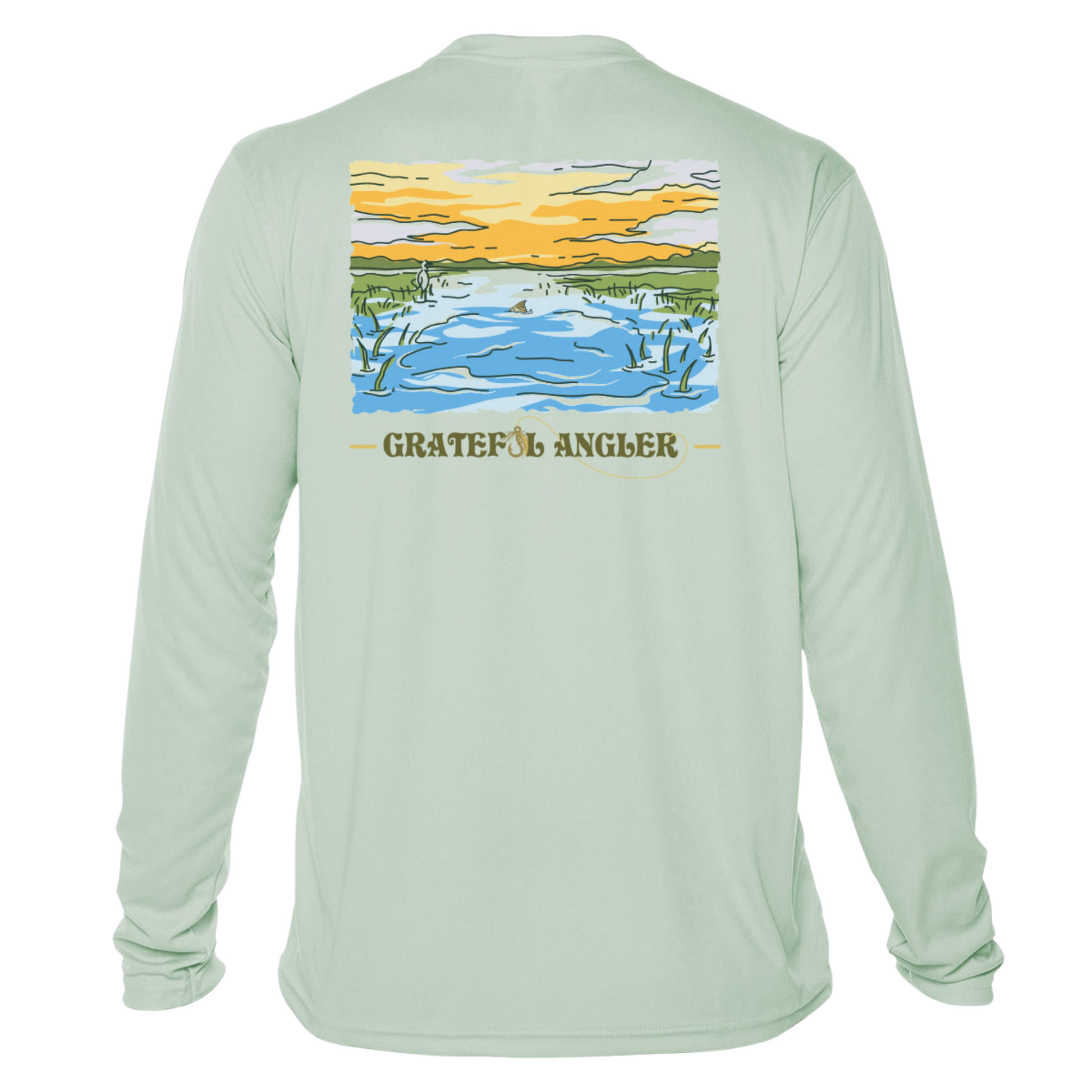 back of seagrass Grateful Angler Tailing Redfish UV Shirt showing a redfish tail in a stream bed under sunny skies