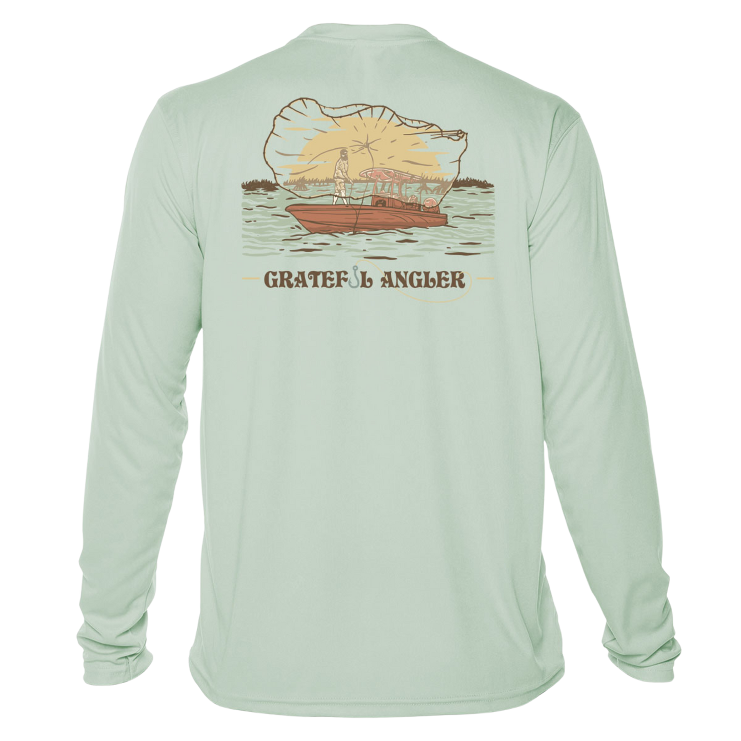 back of seagrass Grateful Angler Tossing the Cast Net UV Shirt showing a person throwing the cast net over the side of a boat