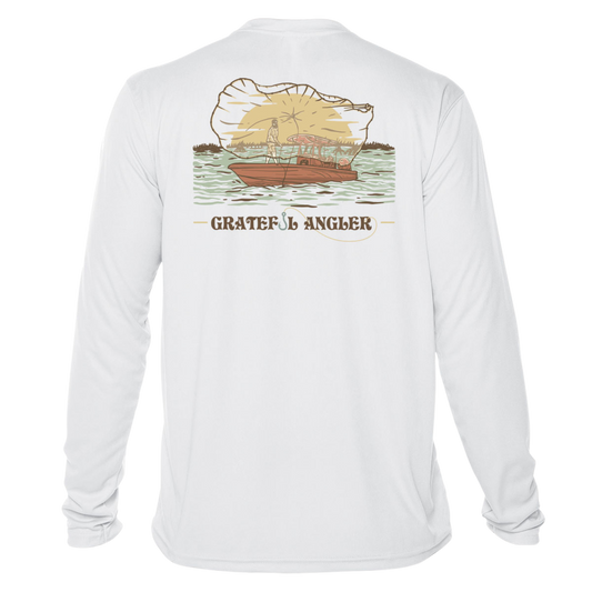 back of white Grateful Angler Tossing the Cast Net UV Shirt showing a person throwing the cast net over the side of a boat