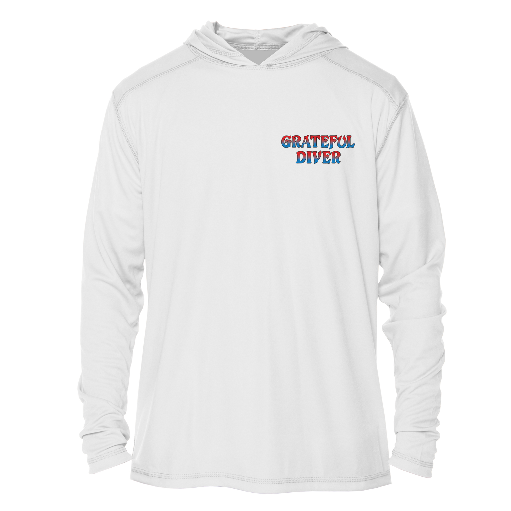 Grateful Diver Classic UV Shirt Hoodie in white front shot off figure