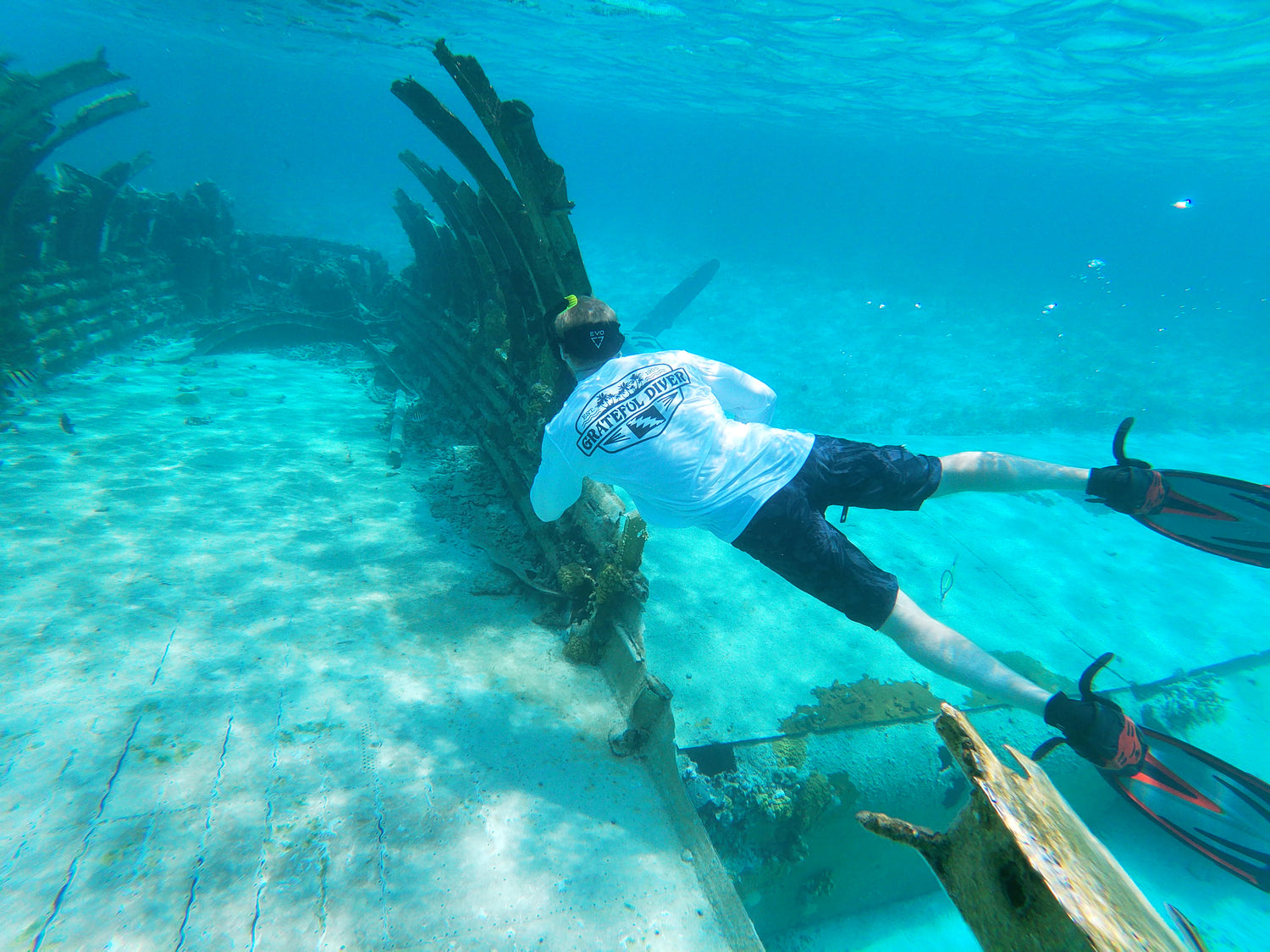 man scuba diving along sunken ship in Grateful Diver Palm Tree UV Shirt 