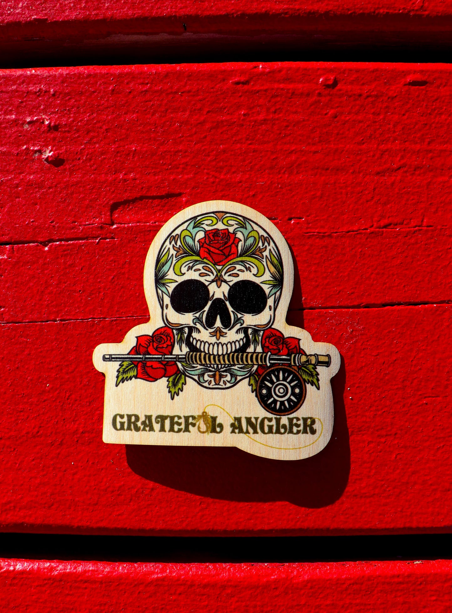 Grateful Angler Sugar Skull Wooden Sticker