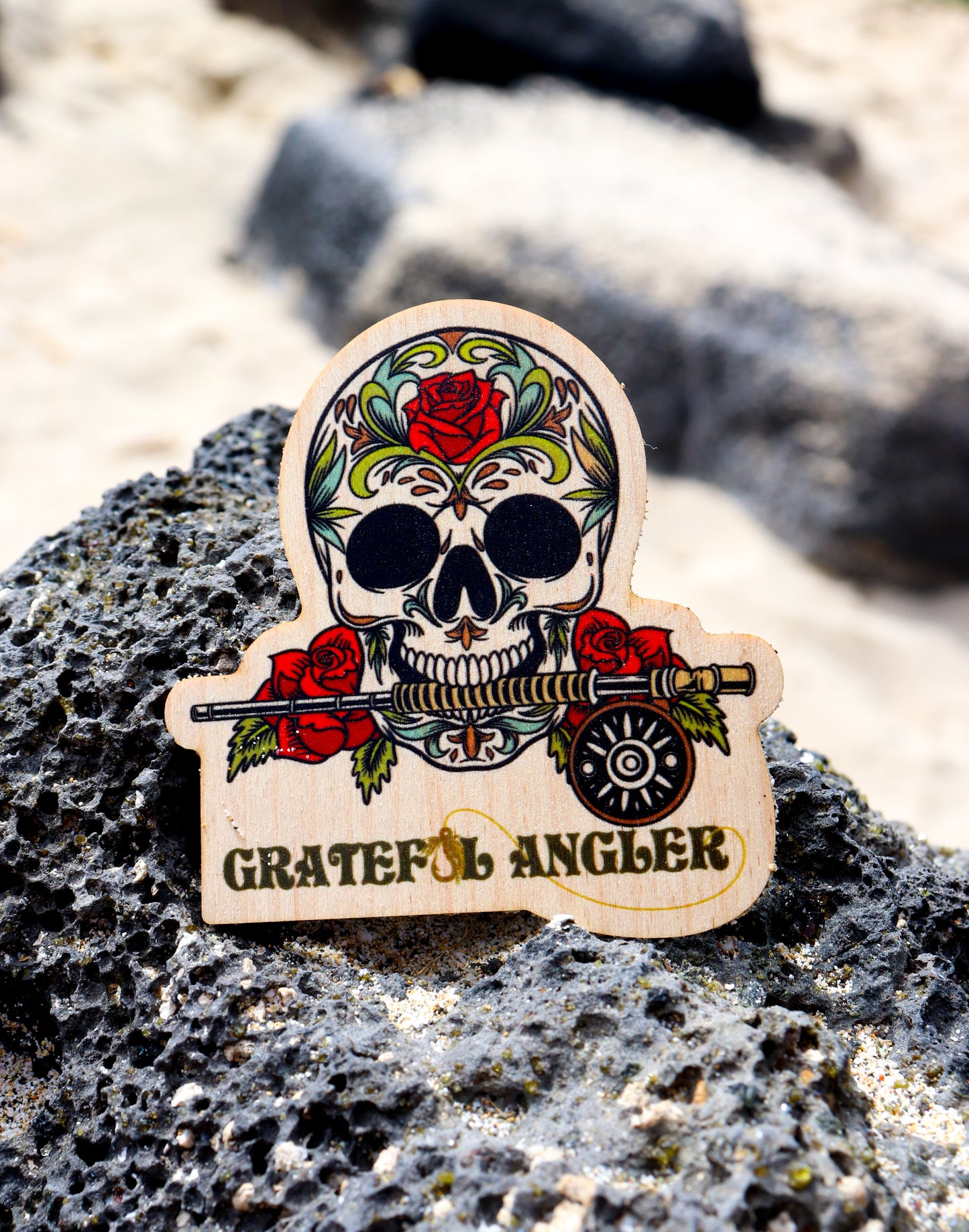 Grateful Angler Sugar Skull Wooden Sticker