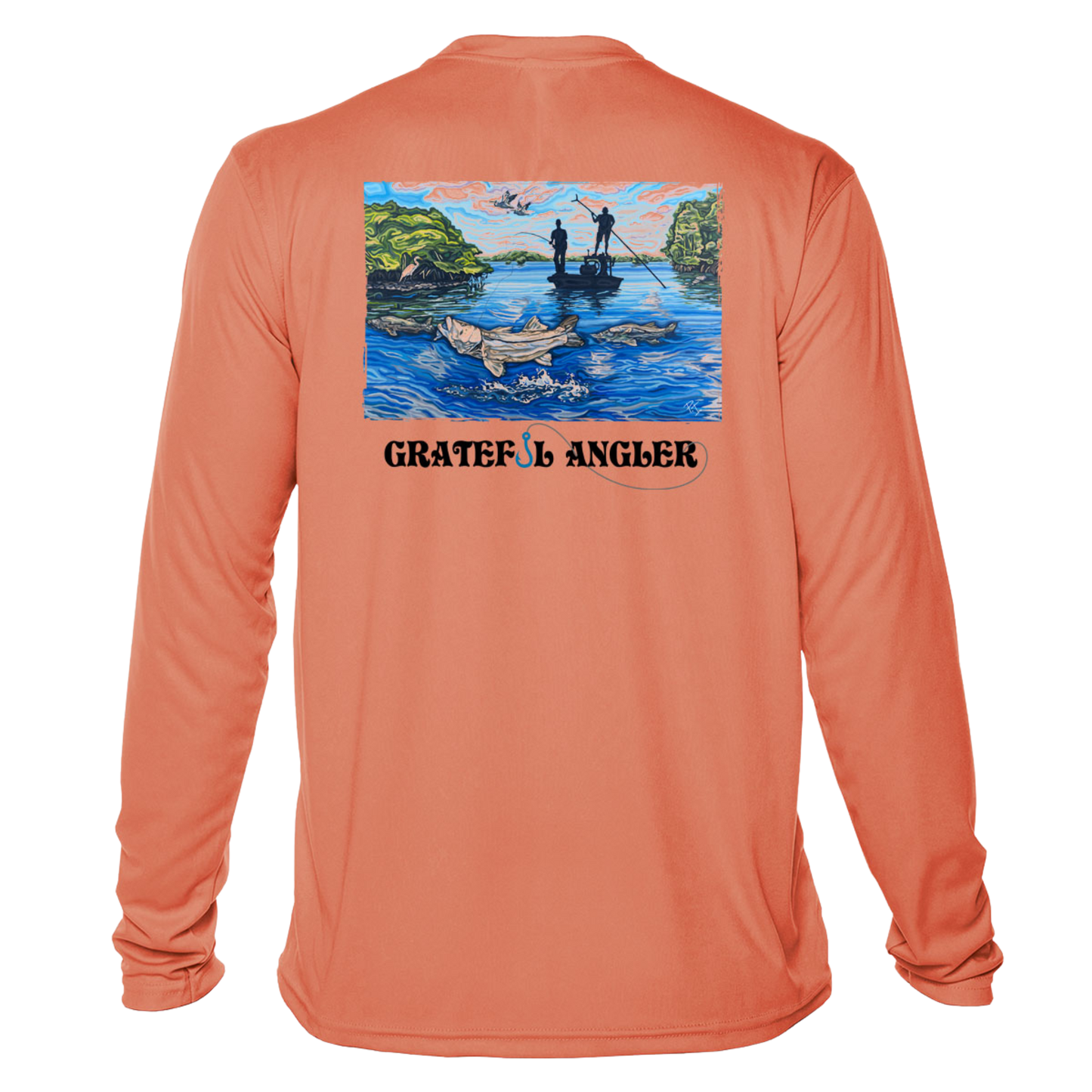 back of salmon Grateful Angler Artist's Collection: Fishing for Snook UV Shirt showing vibrant artwork of fishermen above the water in a boat and the snook below