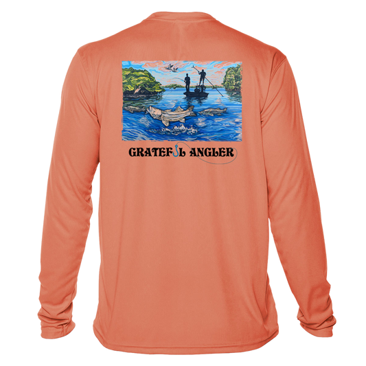 back of salmon Grateful Angler Artist's Collection: Fishing for Snook UV Shirt showing vibrant artwork of fishermen above the water in a boat and the snook below
