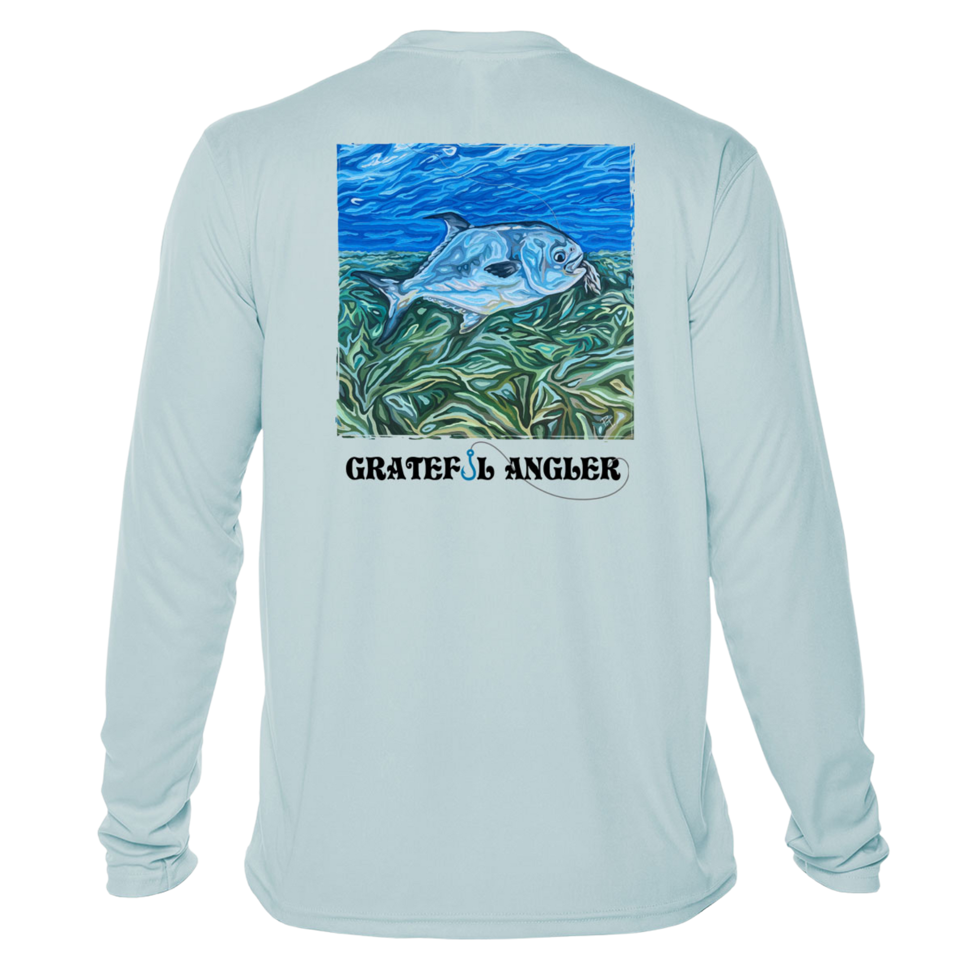 back of white Grateful Angler Artist's Collection: Catch Your Dreams UV Shirt showing vibrant artwork of fish above the reeds