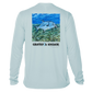 back of white Grateful Angler Artist's Collection: Catch Your Dreams UV Shirt showing vibrant artwork of fish above the reeds