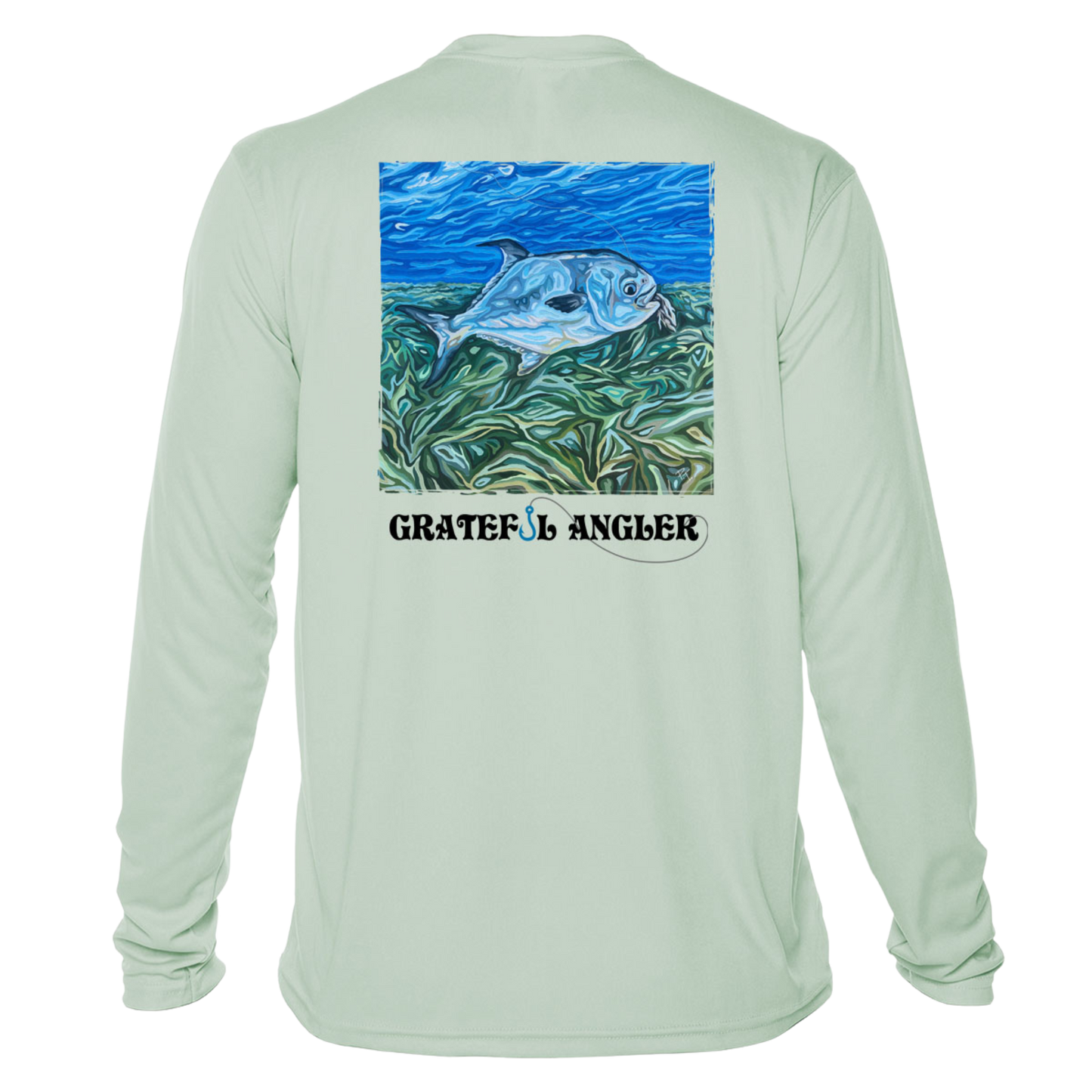 back of seagrass Grateful Angler Artist's Collection: Catch Your Dreams UV Shirt showing vibrant artwork of fish above the reeds