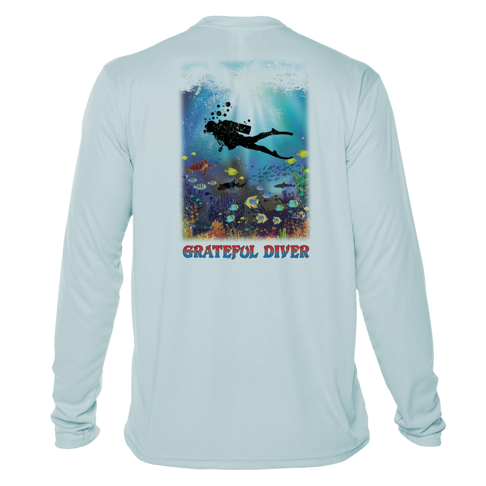 Grateful Diver Reef Diver UV Shirt back in arctic blue off figure