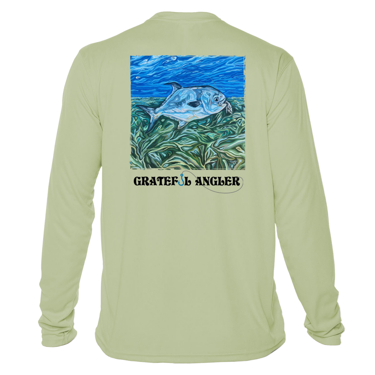 back of sage Grateful Angler Artist's Collection: Catch Your Dreams UV Shirt showing vibrant artwork of fish above the reeds