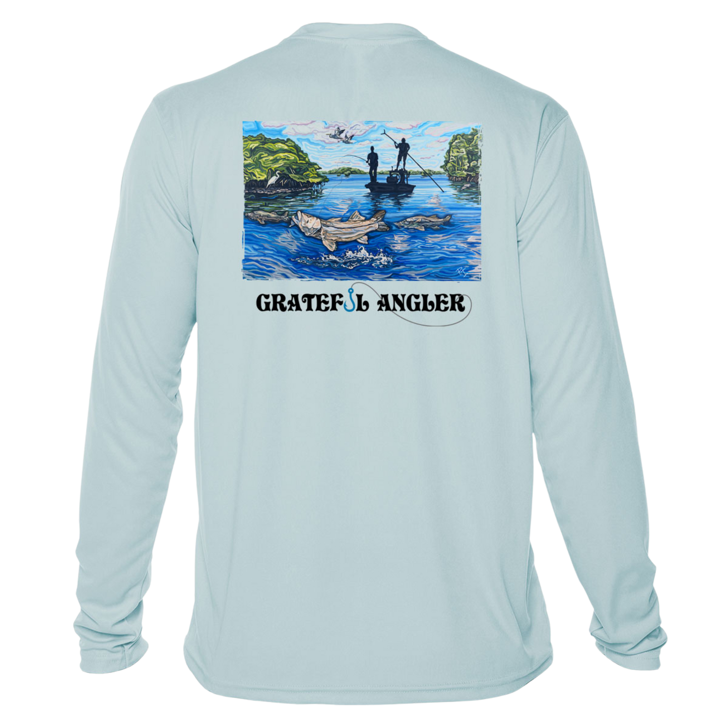 back of arctic blue Grateful Angler Artist's Collection: Fishing for Snook UV Shirt showing vibrant artwork of fishermen above the water in a boat and the snook below