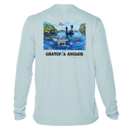 back of arctic blue Grateful Angler Artist's Collection: Fishing for Snook UV Shirt showing vibrant artwork of fishermen above the water in a boat and the snook below
