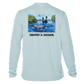 back of arctic blue Grateful Angler Artist's Collection: Fishing for Snook UV Shirt showing vibrant artwork of fishermen above the water in a boat and the snook below