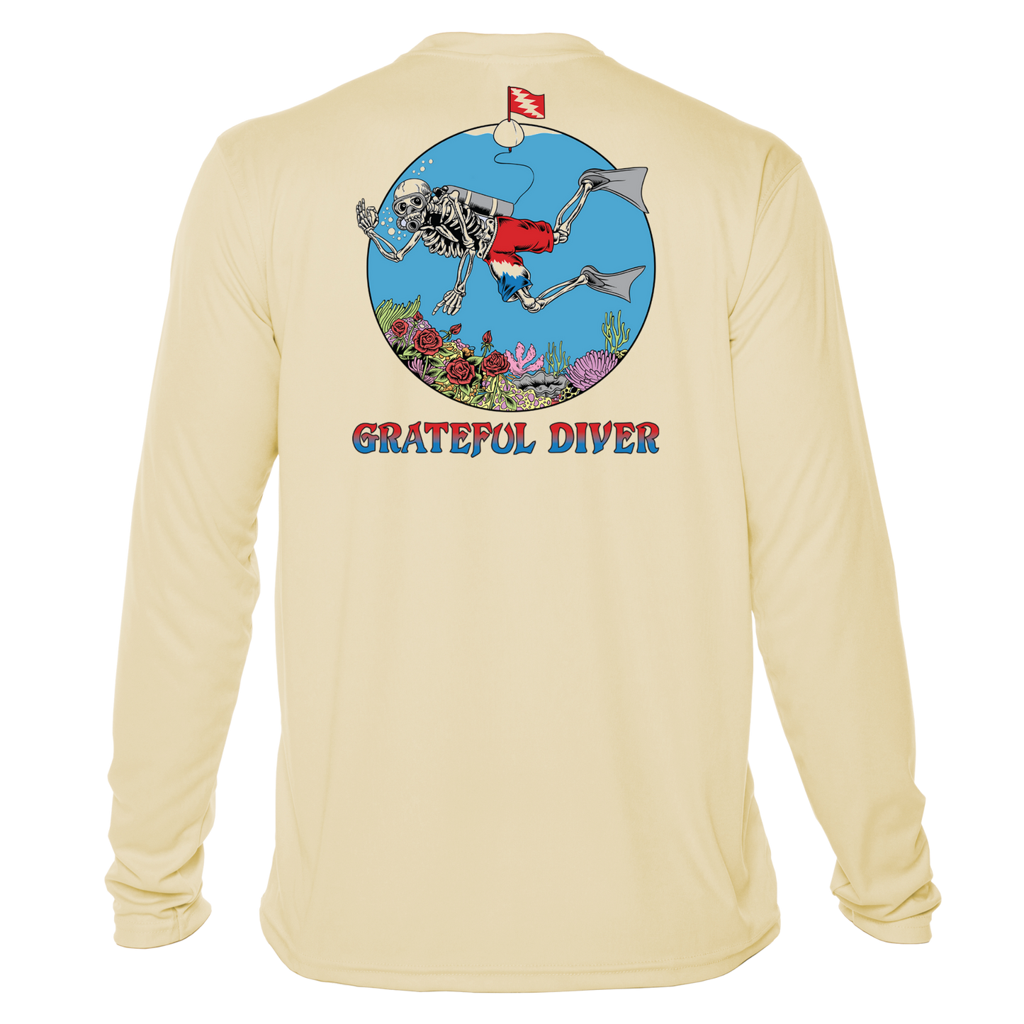 Grateful Diver Skeleton Diver UV Shirt in pale yellow showing the back off figure