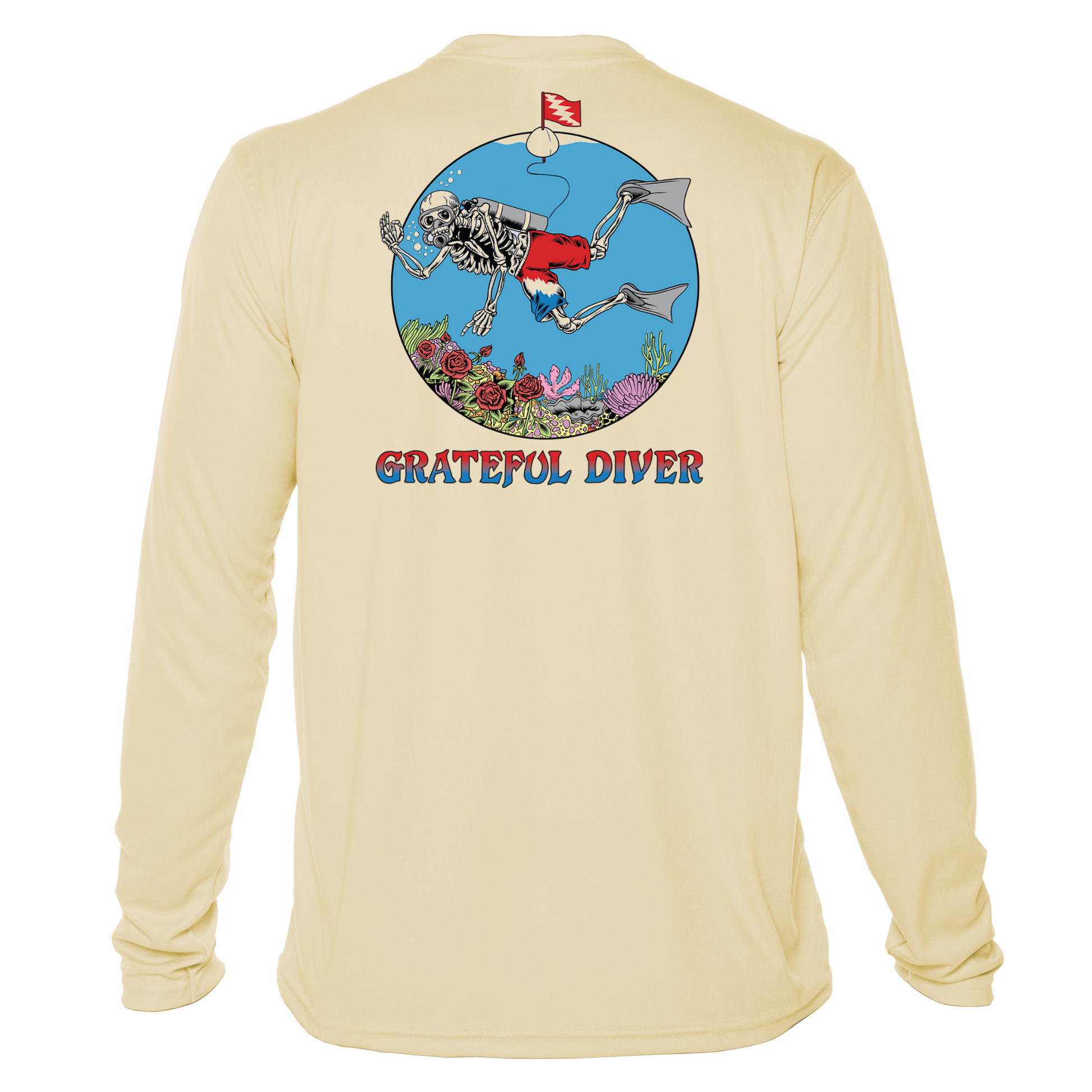 Grateful Diver Skeleton Diver UV Shirt in pale yellow showing the back off figure