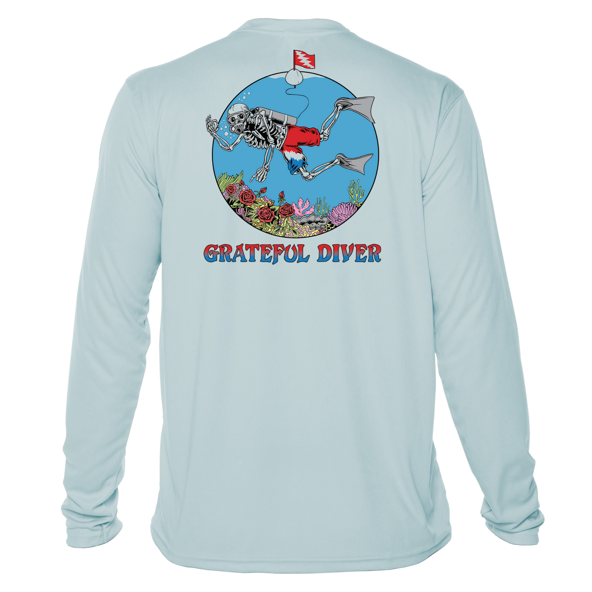 Grateful Diver Skeleton Diver UV Shirt in arctic blue showing the back off figure