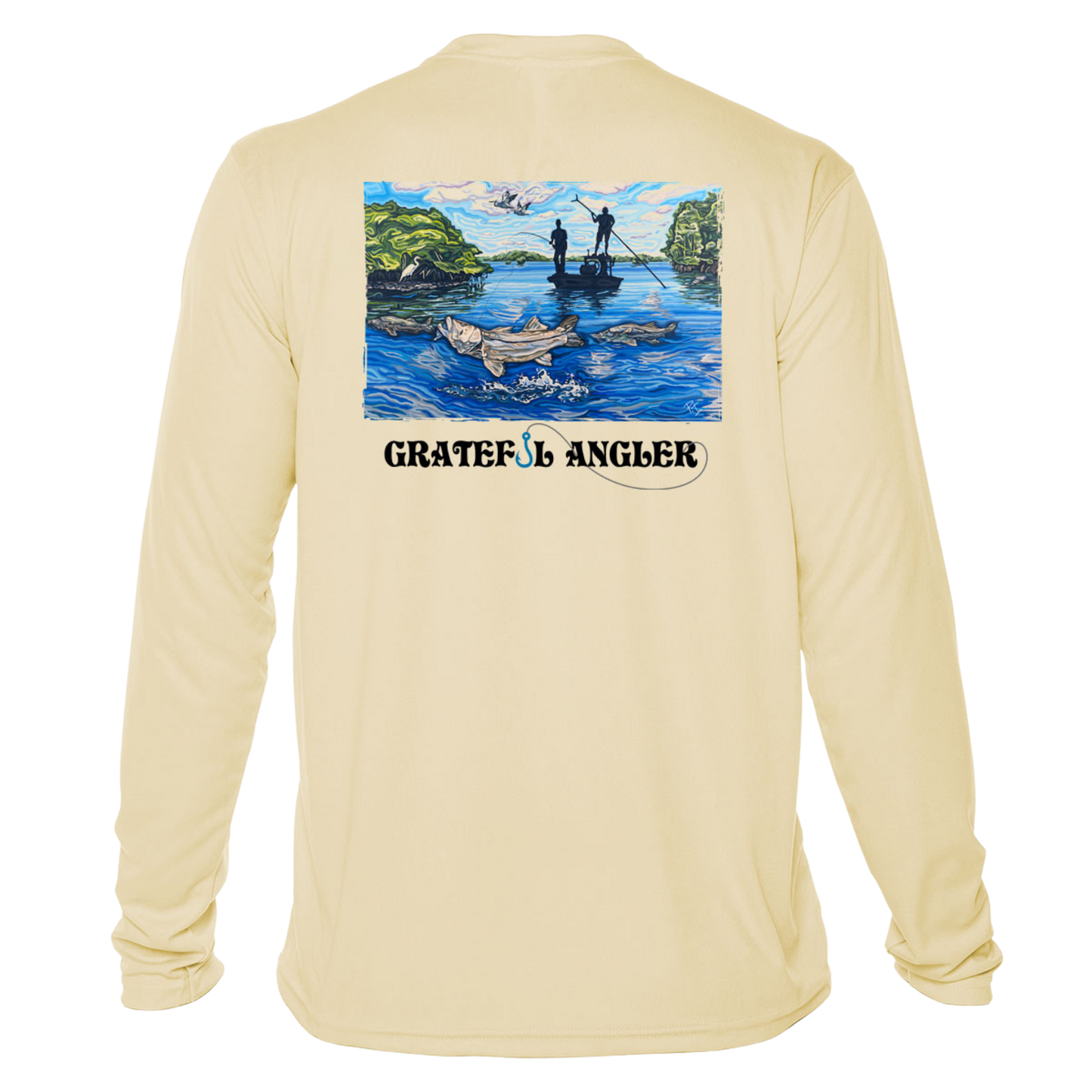 back of pale yellow Grateful Angler Artist's Collection: Fishing for Snook UV Shirt showing vibrant artwork of fishermen above the water in a boat and the snook below