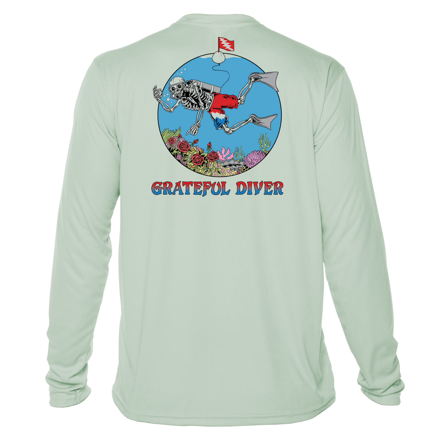 Grateful Diver Skeleton Diver UV Shirt in seagrass showing the back off figure