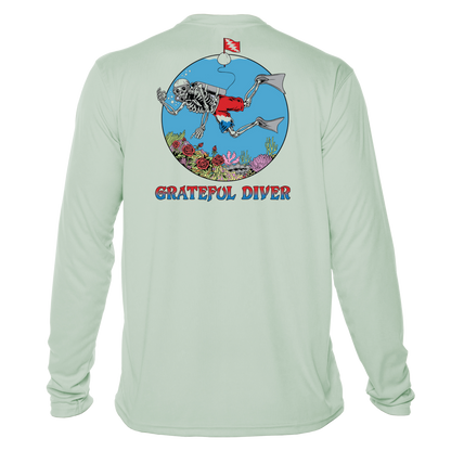 Grateful Diver Skeleton Diver UV Shirt in seagrass showing the back off figure
