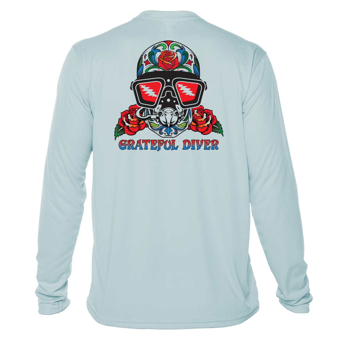 Grateful Diver Sugar Skull UV Shirt in arctic blue showing back off figure