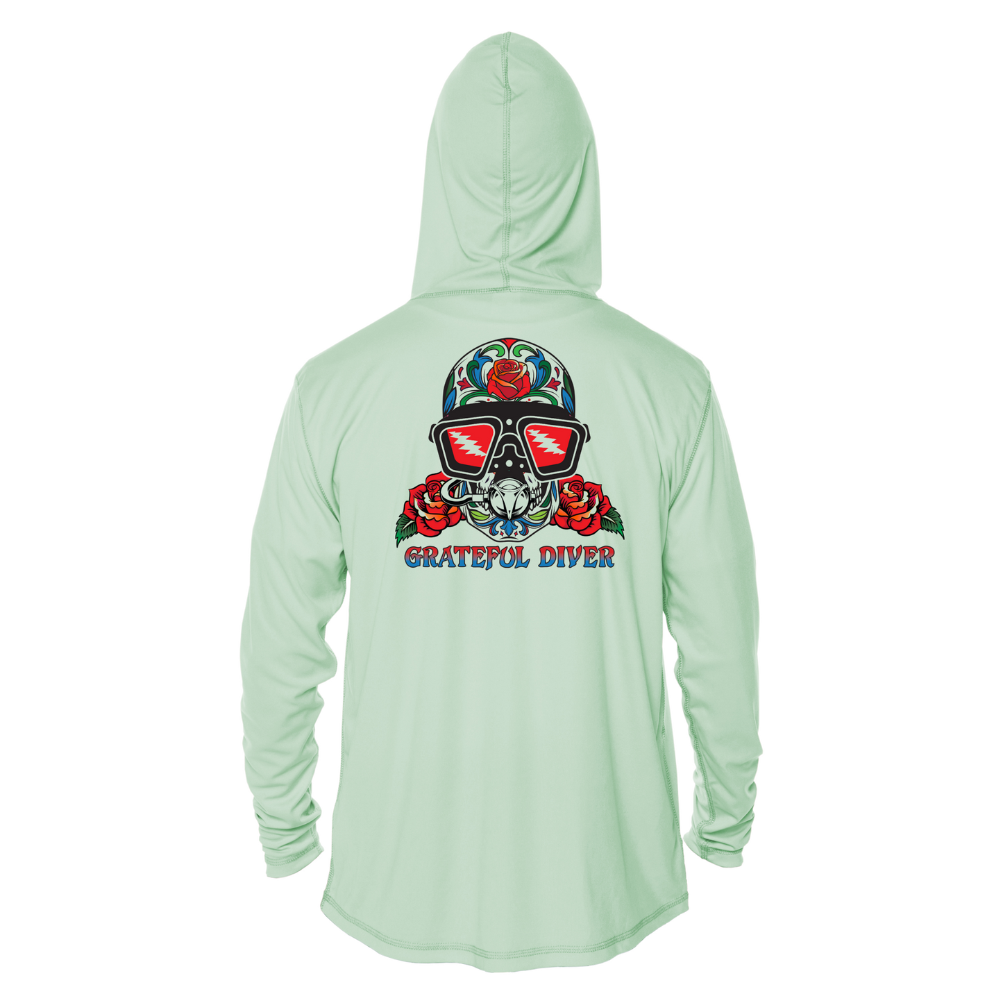 Grateful Diver Sugar Skull UV Shirt Hoodie in seagrass showing back off figure