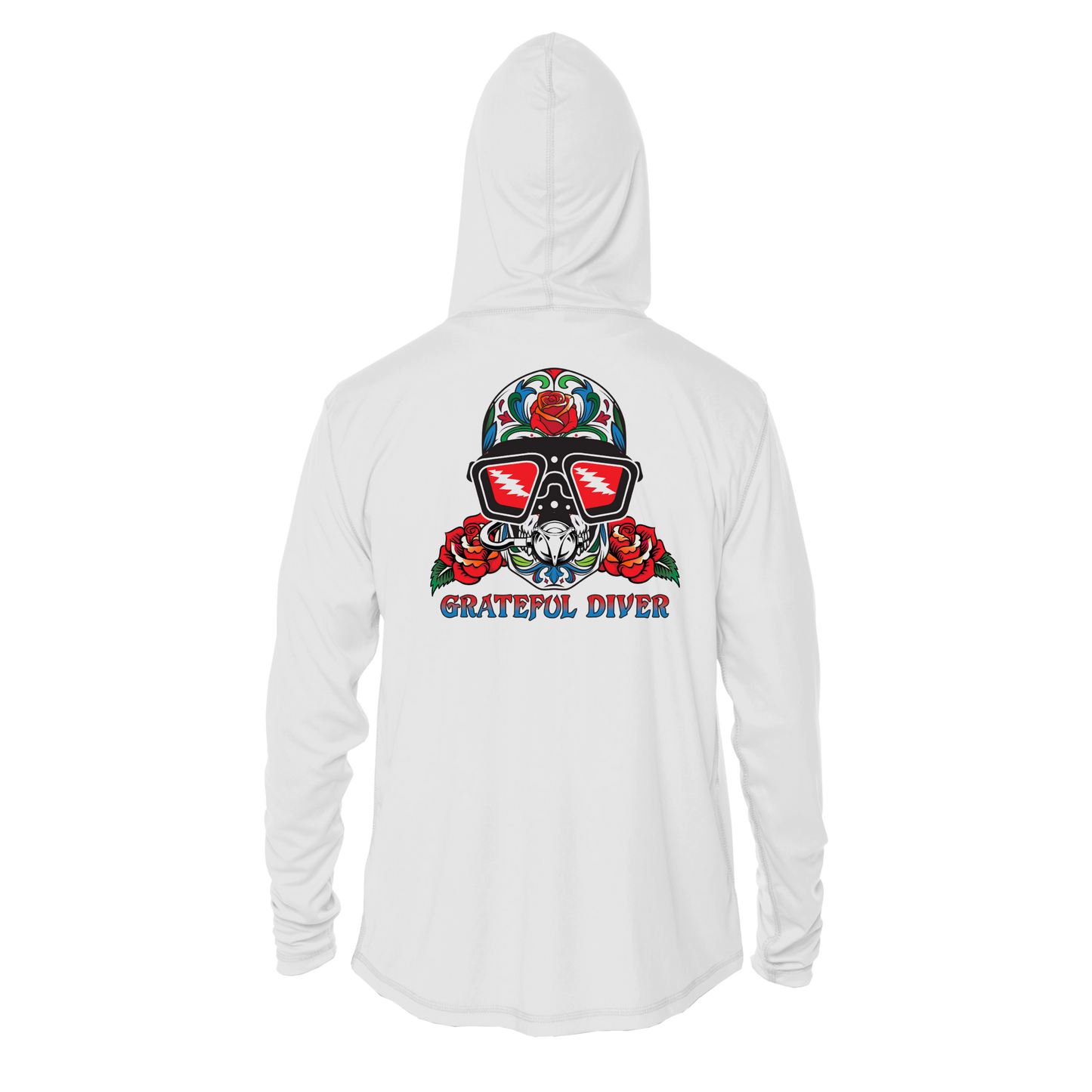 Grateful Diver Sugar Skull UV Shirt Hoodie in white showing back off figure