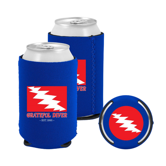 Grateful Diver Classic Can Koozie in royal blue on white background