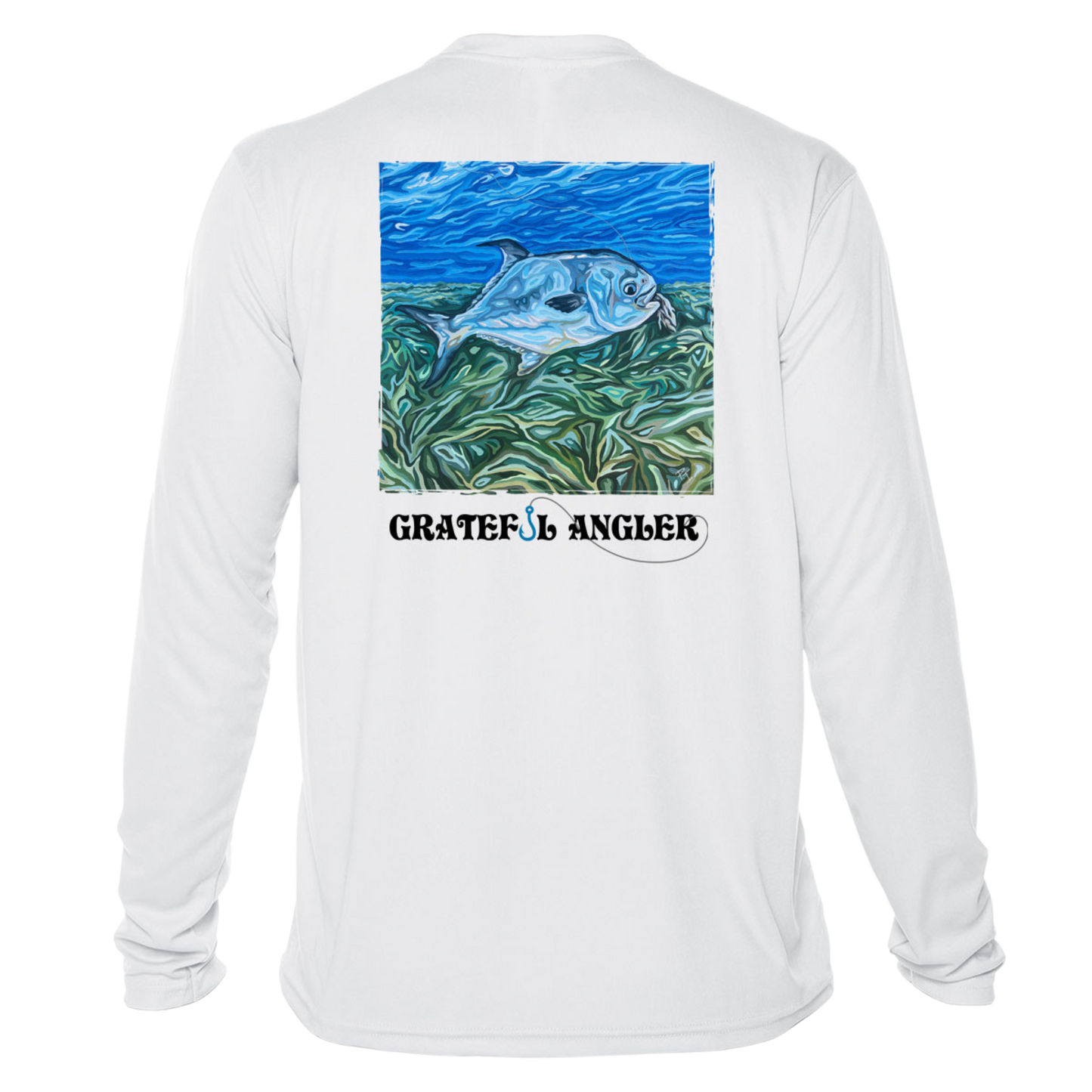 back of white Grateful Angler Artist's Collection: Catch Your Dreams UV Shirt showing vibrant artwork of fish above the reeds