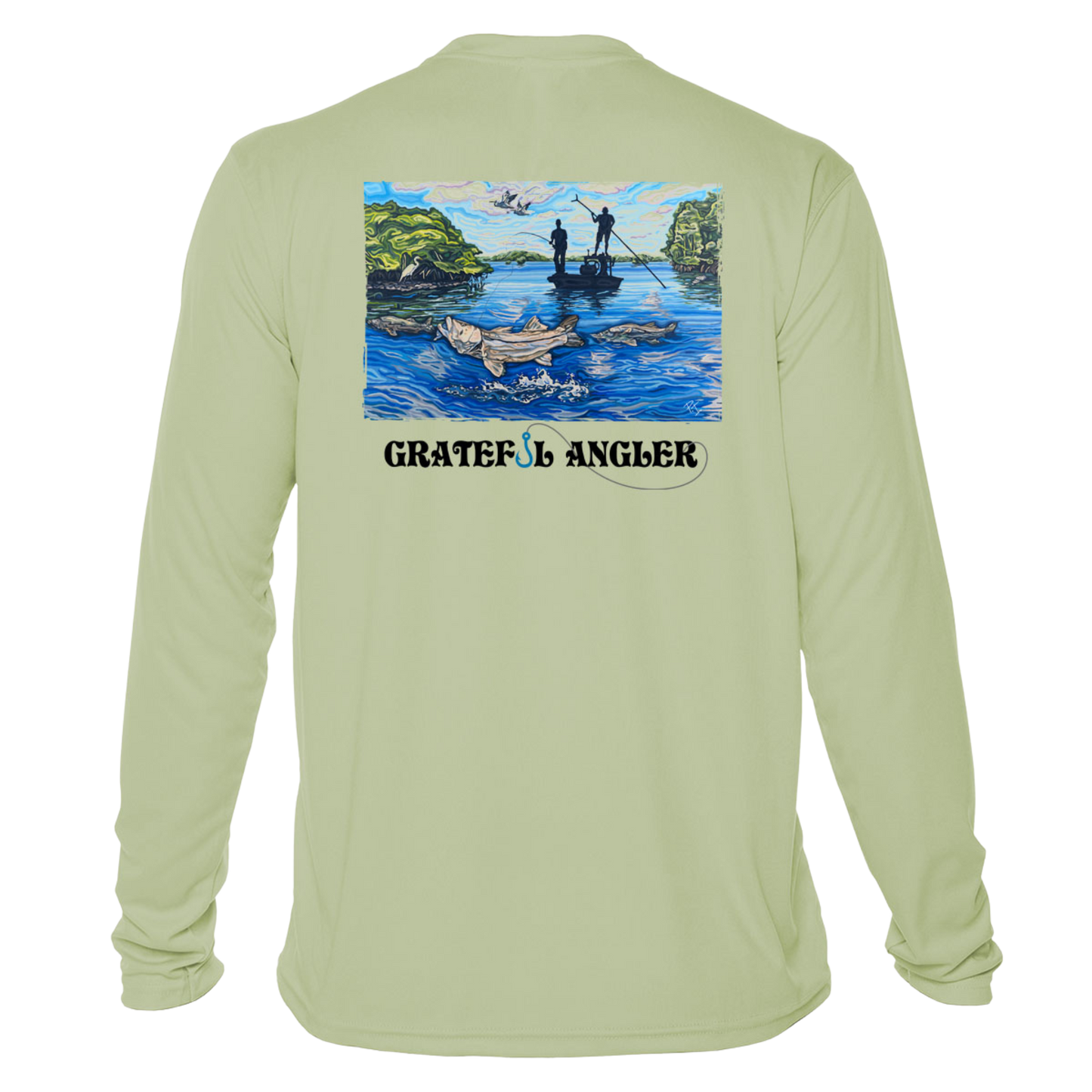 back of sage Grateful Angler Artist's Collection: Fishing for Snook UV Shirt showing vibrant artwork of fishermen above the water in a boat and the snook belowback of salmon Grateful Angler Artist's Collection: Fishing for Snook UV Shirt showing vibrant artwork of fishermen above the water in a boat and the snook below