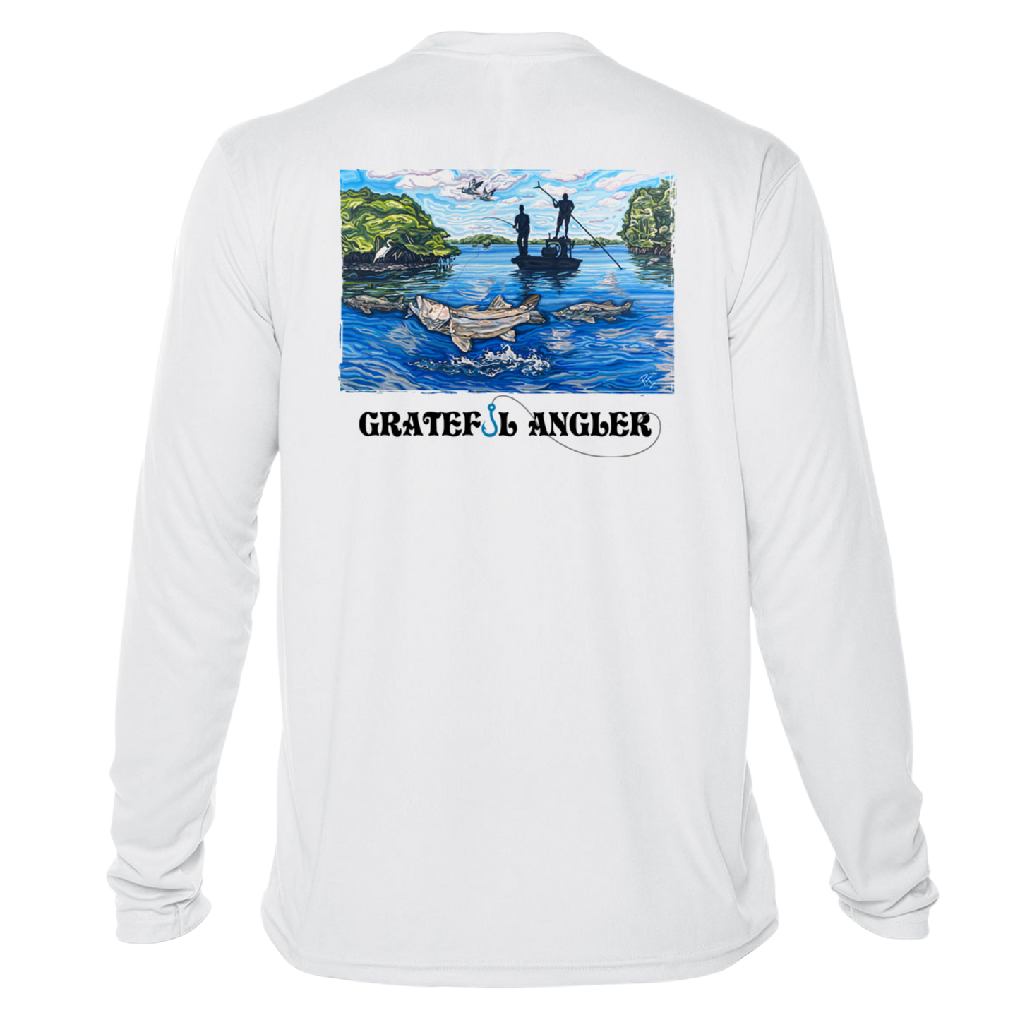 back of white Grateful Angler Artist's Collection: Fishing for Snook UV Shirt showing vibrant artwork of fishermen above the water in a boat and the snook below