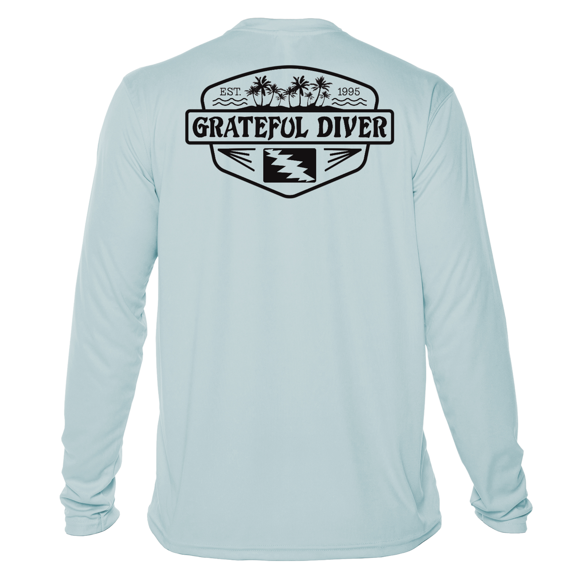 Grateful Diver Palm Tree UV Shirt in arctic blue showing the back off figure