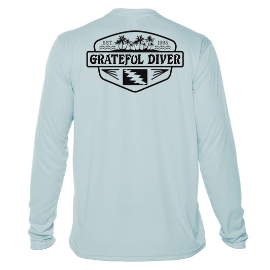 Grateful Diver Palm Tree UV Shirt in arctic blue showing the back off figure