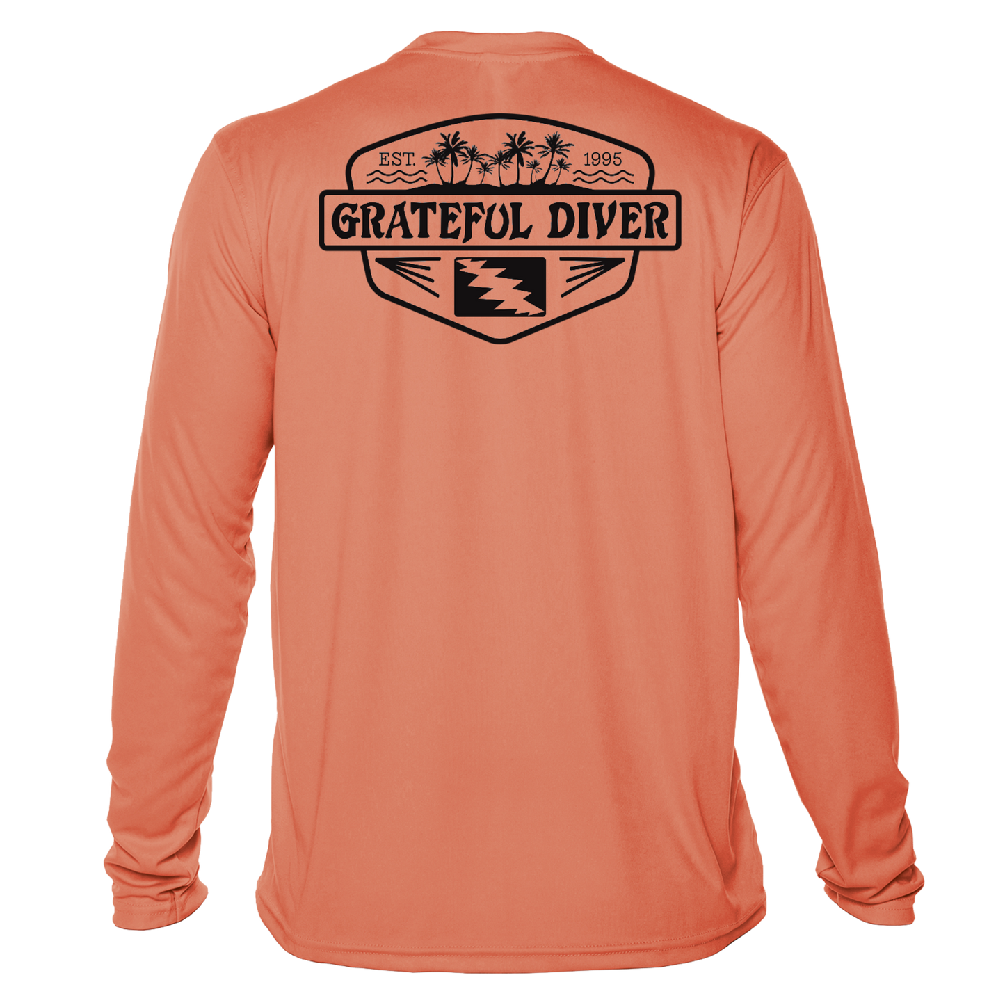 Grateful Diver Palm Tree UV Shirt in salmon showing the back off figure