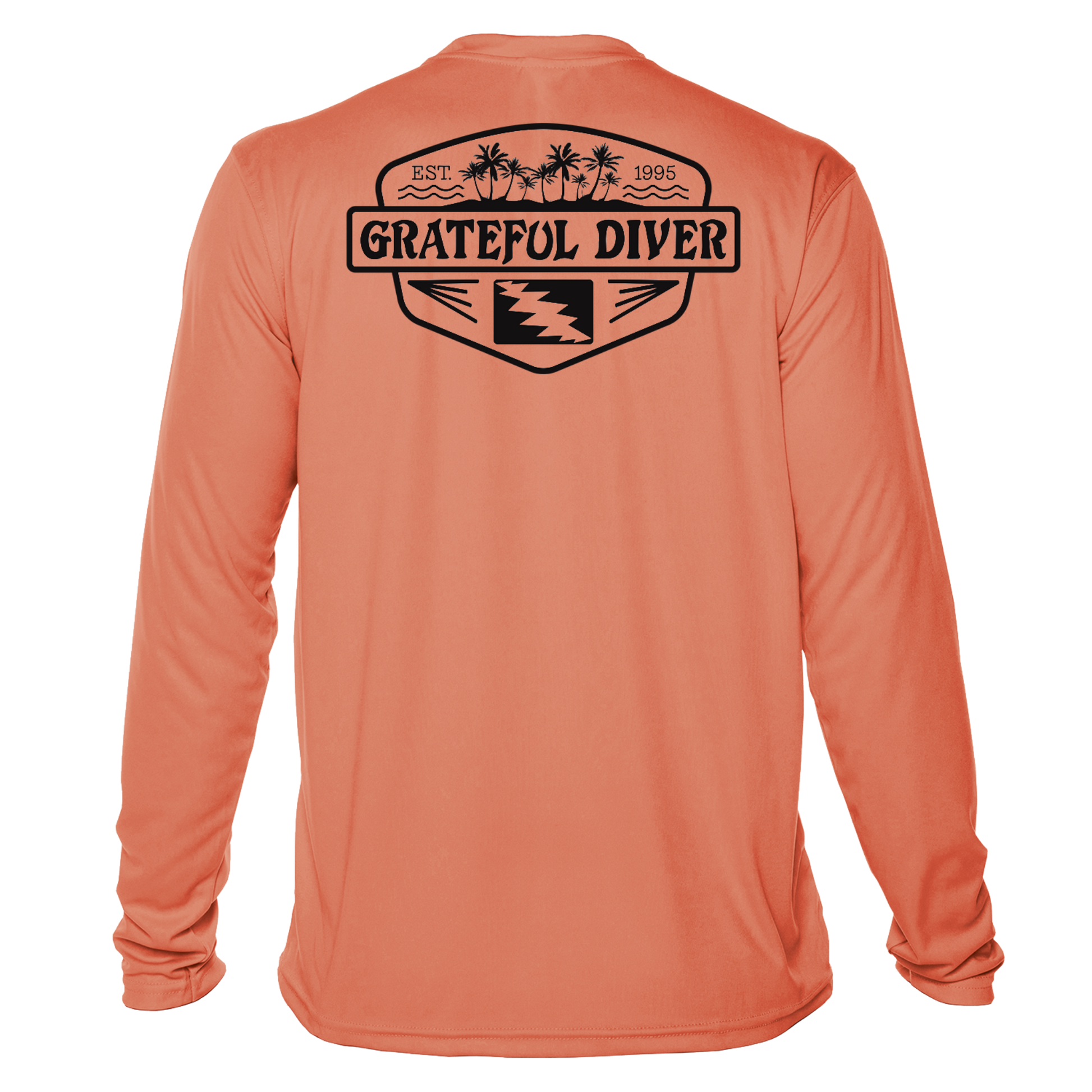 Grateful Diver Palm Tree UV Shirt in salmon showing the back off figure