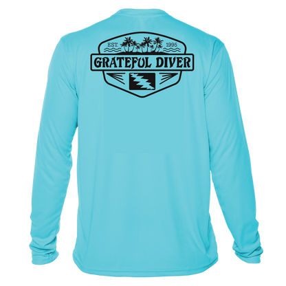 Grateful Diver Palm Tree UV Shirt in water blue showing the back off figure