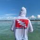 Grateful Diver Classic UV Shirt Hoodie in white back shot on model in front of water