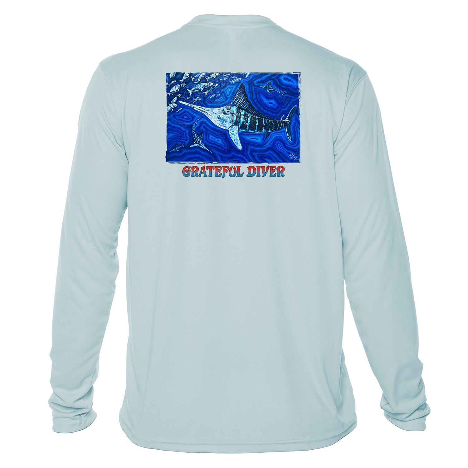 Grateful Diver Artist's Collection by Irina Pushkareva: Source of Light UV Shirt in arctic blue back shot off figure