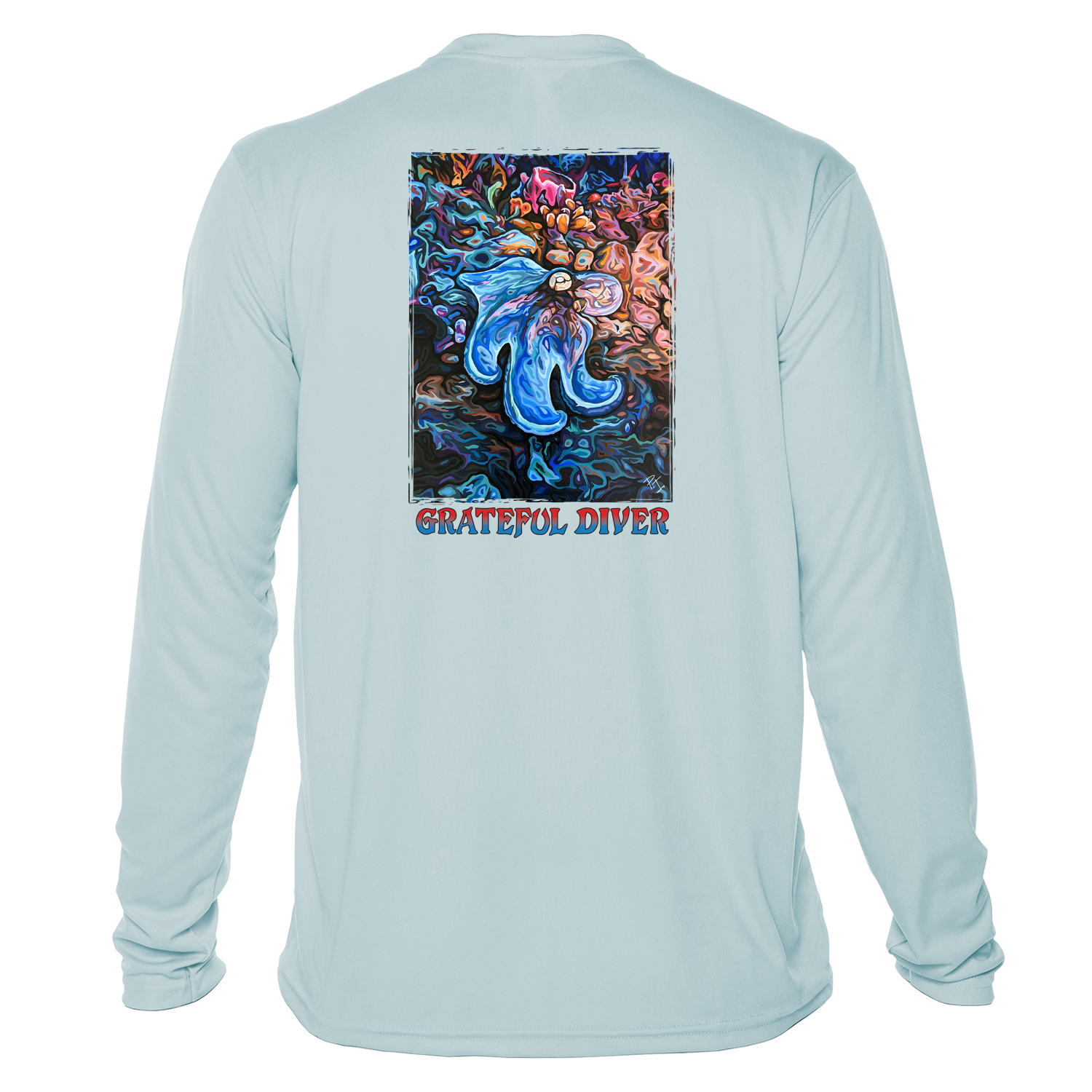 Grateful Diver Artist's Collection by Irina Pushkareva: Caribbean Reef Octopus UV Shirt in arctic blue back shot off figure