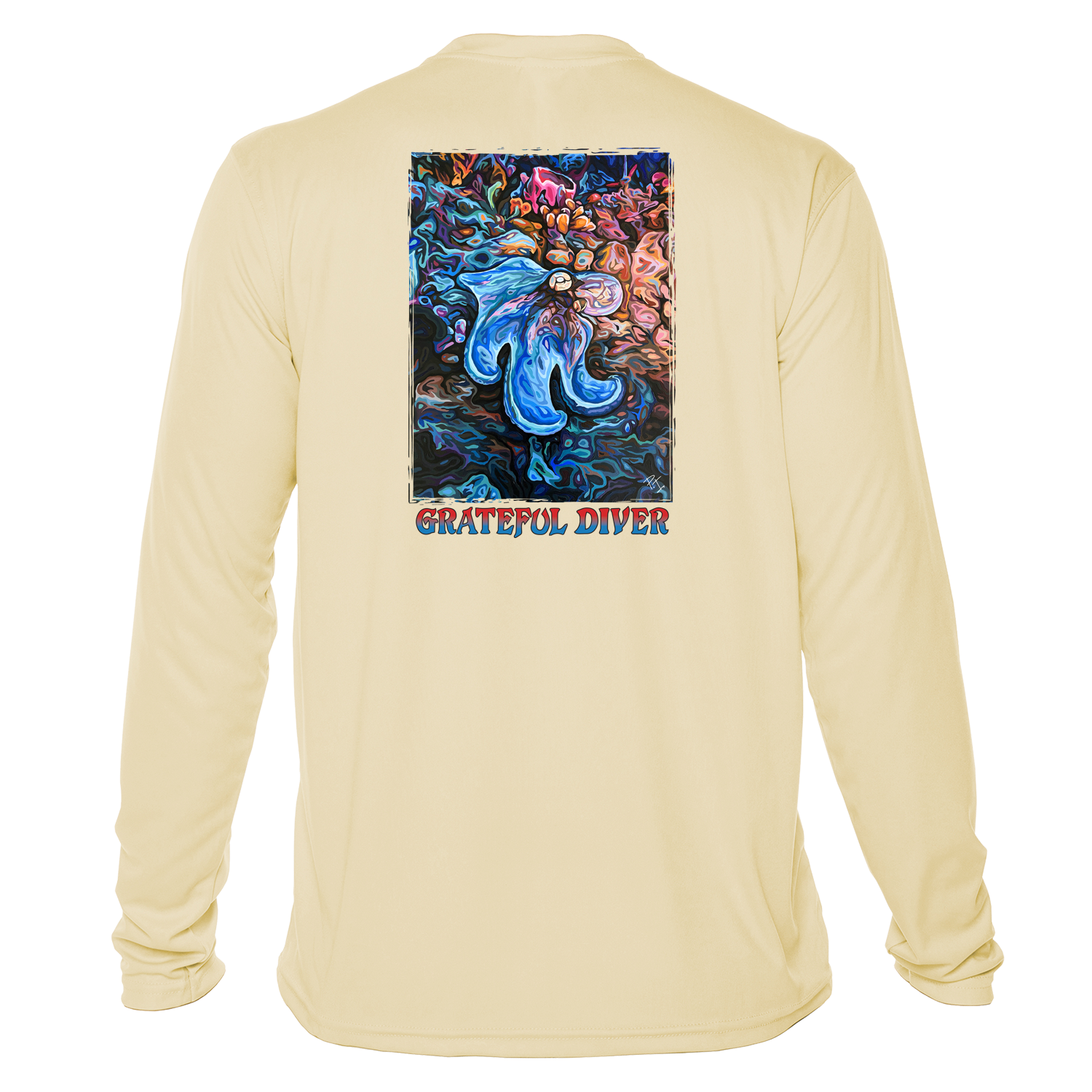 Grateful Diver Artist's Collection by Irina Pushkareva: Caribbean Reef Octopus UV Shirt in pale yellow back shot off figure