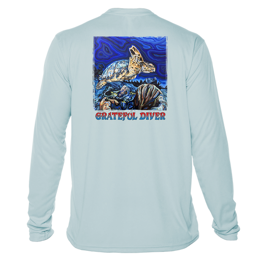 Grateful Diver Artist's Collection by Irina Pushkareva: Hawksbill Turtle UV Shirt in arctic blue back shot off figure