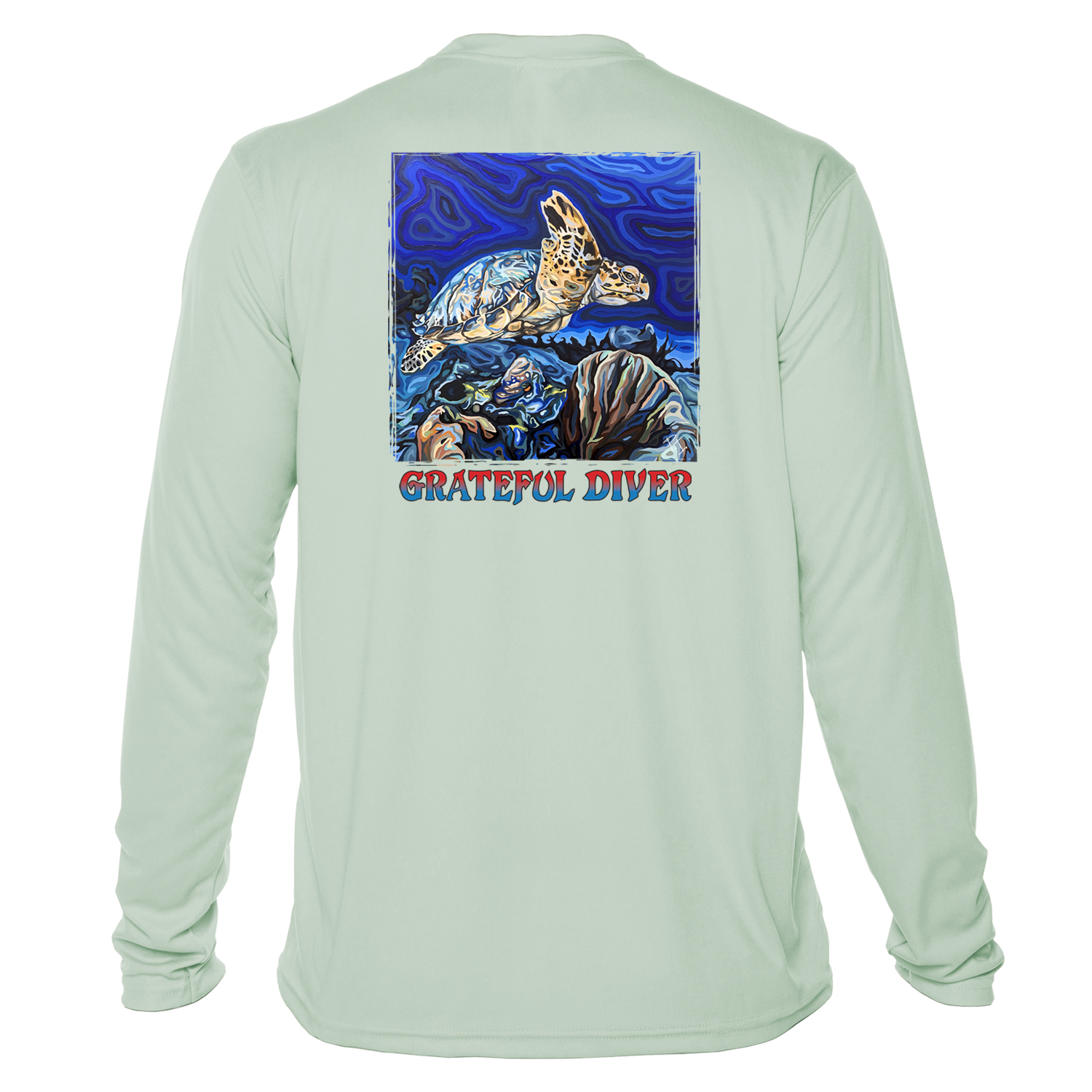 Grateful Diver Artist's Collection by Irina Pushkareva: Hawksbill Turtle UV Shirt in seagrass back shot off figure