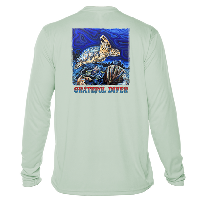 Grateful Diver Artist's Collection by Irina Pushkareva: Hawksbill Turtle UV Shirt in seagrass back shot off figure