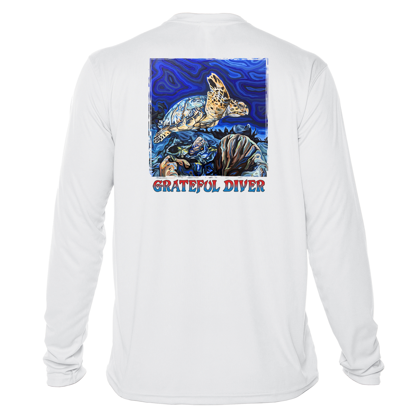 Grateful Diver Artist's Collection by Irina Pushkareva: Hawksbill Turtle UV Shirt in white back shot off figure