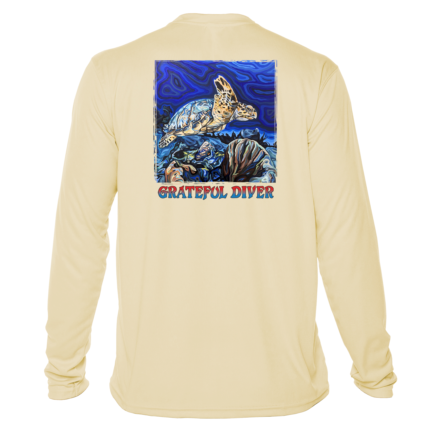 Grateful Diver Artist's Collection by Irina Pushkareva: Hawksbill Turtle UV Shirt in pale yellow back shot off figure